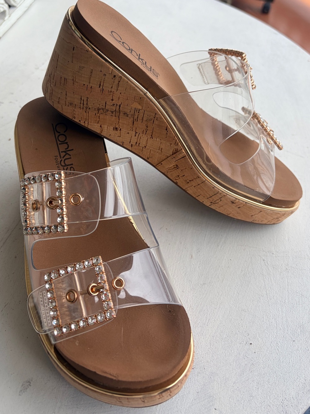 Corkys Clear Strap Cork Wedges Rhinestone Buckle size 6 Sandals